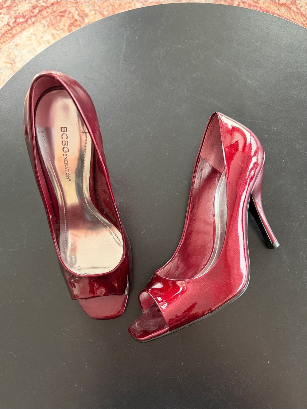 BCBGeneration Wine Red Patent Peep-Toe High Heels